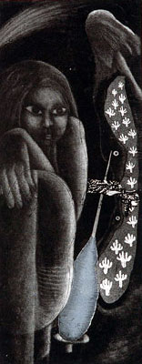 Intaglio print by contemporary Indian Artist Bidukhi Mushahary, woman in a narrative style