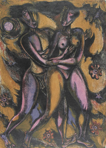 Original graphic print by modern Indian Artist D.Doraiswamy, nudes & erotic in narrative style