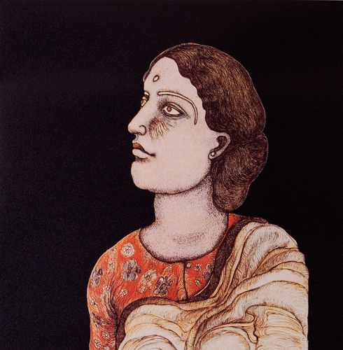 Art Intaglio: Offset on paper: Jogen Chowdhury: Woman in orange blouse