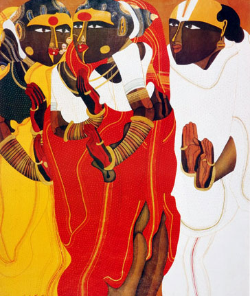 Signed edition prints of narrative people by modern Indian Artist Vaikuntam T..