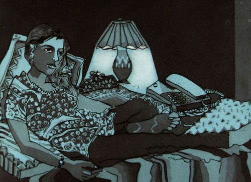 Original graphic print by contemporary Indian Artist Anjani Reddy, woman in a narrative style