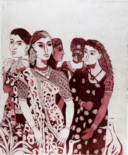 Graphic print by contemporary Indian Artist Anjani Reddy, women in narrative style