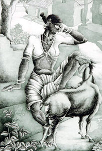 Intaglio print by contemporary Indian Artist Bairu Raghuraman, woman in a narrative style