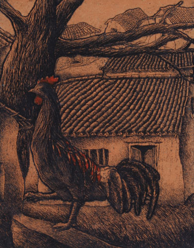 Etching of a bird in figurative style by contemporary Indian Artist Bairu Raghuraman