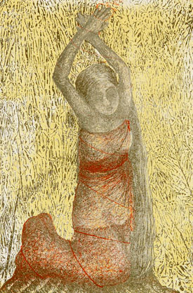 Planographic print of a woman by contemporary Indian Artist Bidukhi Mushahary