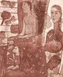 Intaglio print by contemporary Indian Artist Chippa Sudhakar, people in narrative style