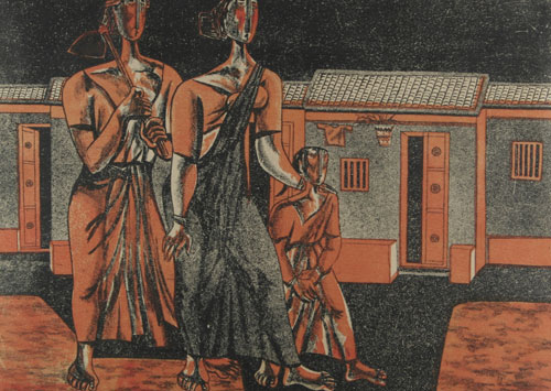 Planographic print of a family by modern Indian Artist D.Doraiswamy
