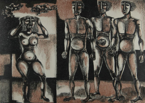 Graphic print by modern Indian Artist D.Doraiswamy, nudes & erotic in narrative style