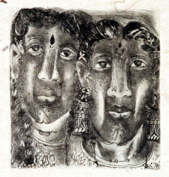 Portrait in Dry Point by contemporary Indian Artist Fawad Tamkanat