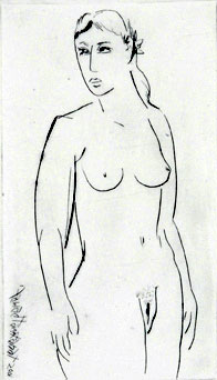 Drypoint of a nude woman by contemporary Indian Artist Fawad Tamkanat