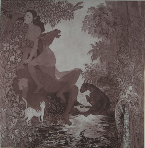 Original graphic print by contemporary Indian Artist Gouri Vemula, fantasy in a narrative style