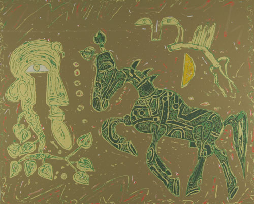 Horses in planographic print by contemporary Indian Artist Jai Zharotia