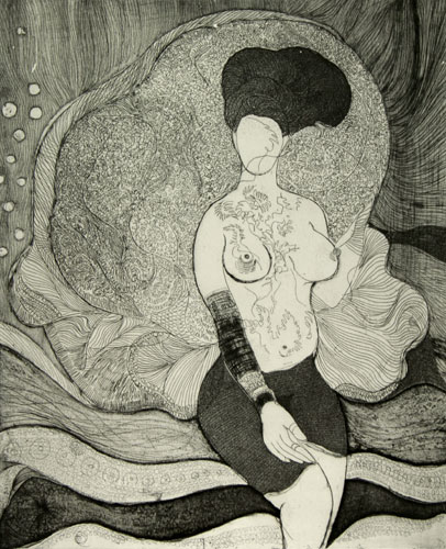 Woman in etching by Indian Artist Rangaswamy Saranjm