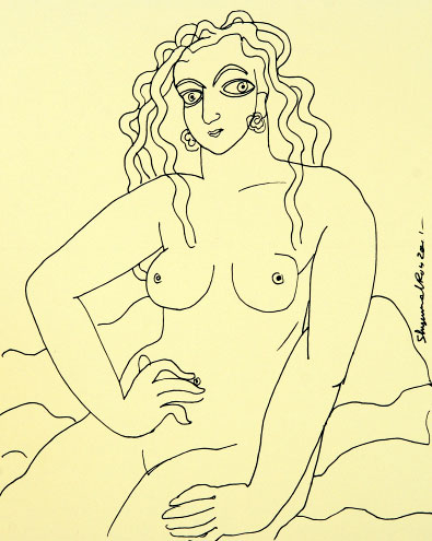 Nude woman in serigraph by modern Indian Artist Shyamal Dutta Ray