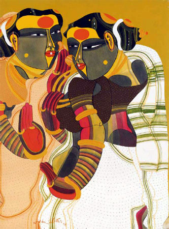 Signed edition prints of a narrative couple by modern Indian Artist Vaikuntam T..