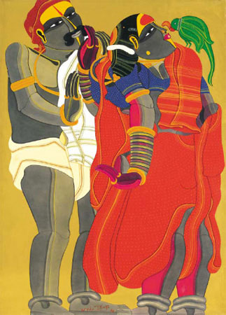 Signed edition prints of a narrative couple by modern Indian Artist Vaikuntam T..