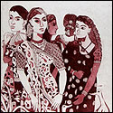 Graphic print by contemporary Indian Artist Anjani Reddy, women in narrative style