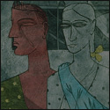 Graphic print by contemporary Indian Artist Chippa Sudhakar, couple in a narrative style