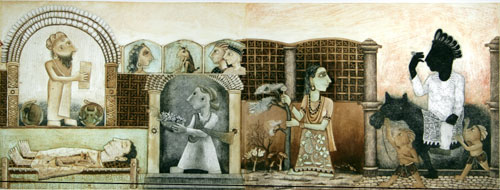 Original graphic print by contemporary Indian Artist Ajit Dubey, people in narrative style