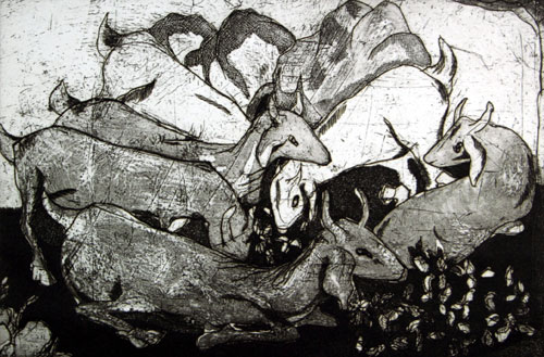 Etching of domestic animals by Indian Artist Alka Chavda