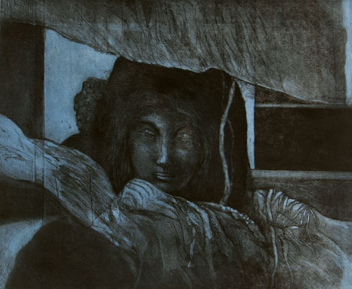 Portrait of a woman in etching by modern Indian Artist Amitabh Banerjee