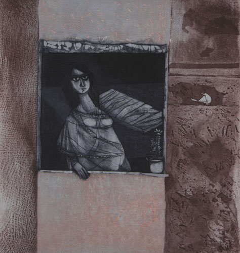 Intaglio print by modern Indian Artist Amitabh Banerjee, woman in narrative style