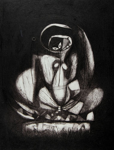 Etching of a woman by modern contemporary Indian Artist Amitabh Banerjee