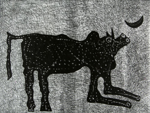 Etching by contemporary Indian Artist Amitava Das, domestic animals in figurative style