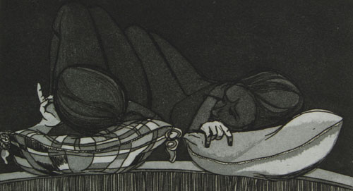 Etching by Indian Artist Amruta, woman in narrative style