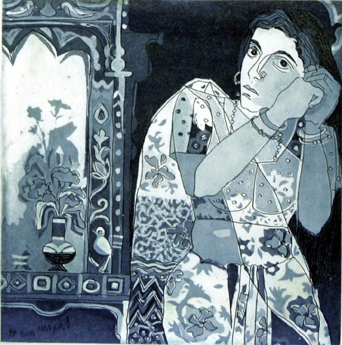 Etching of a woman in narrative style by contemporary Indian Artist Anjani Reddy