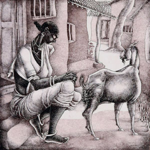 Etching of a rural woman by contemporary Indian Artist Bairu Raghuraman