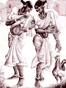Original print by contemporary Indian Artist Bairu Raghuraman, rural women in narrative style