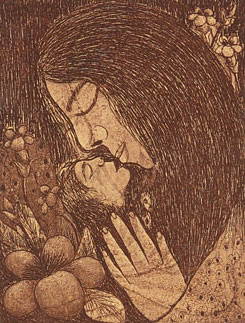 Graphic print of mother & child by contemporary Indian Artist Bidukhi Mushahary