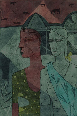 Graphic print by contemporary Indian Artist Chippa Sudhakar, couple in a narrative style