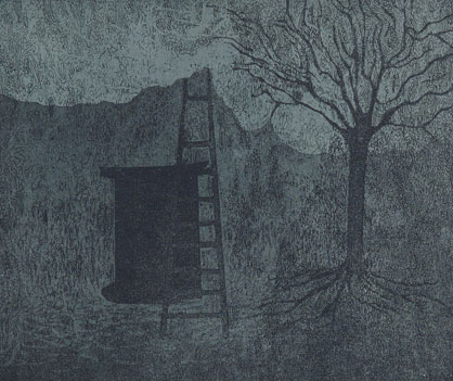 Etching of a ruralscape in narrative style by contemporary Indian Artist Debangana Chatterjee
