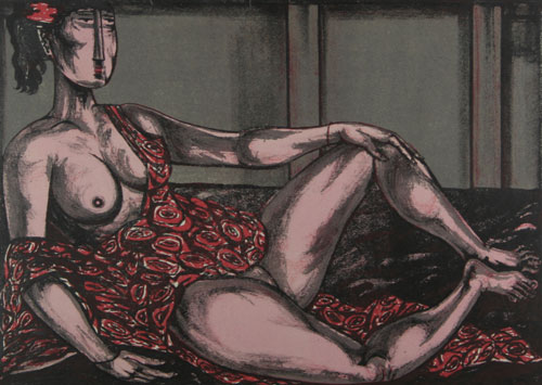 Lithograph of a nude woman by modern Indian Artist D.Doraiswamy
