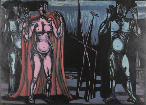 Lithograph by modern Indian Artist D.Doraiswamy, nudes & erotic in figurative style