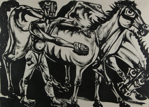 Lithograph of horses by modern Indian Artist D.Doraiswamy