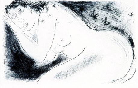Graphic print of a nude woman in figurative style by contemporary Indian Artist Fawad Tamkanat