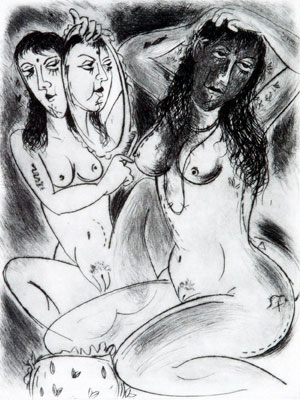 Dry Point of nude women in narrative style by contemporary Indian Artist Fawad Tamkanat