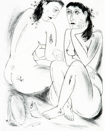 Original print of nude women in narrative style by contemporary Indian Artist Fawad Tamkanat