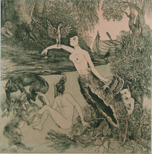 Etching of a fantasy by contemporary Indian Artist Gouri Vemula