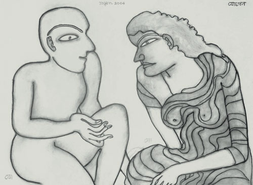 Limited edition prints A serigraph of Narrative Couple by contemporary Indian Artist Jogen Chowdhury.
