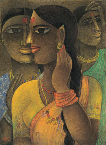 Numbered edition prints of miniature women by contemporary Indian Artist Laxman Aelay.