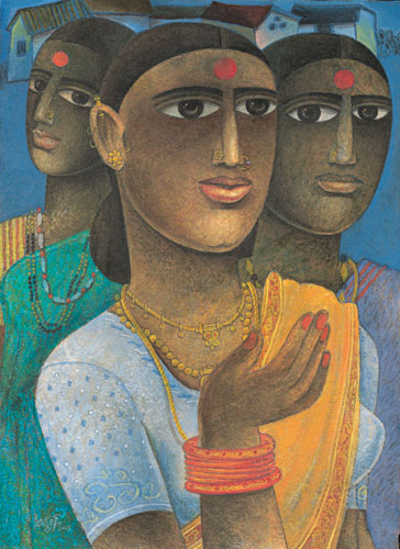 Numbered edition prints of miniature women by contemporary Indian Artist Laxman Aelay.