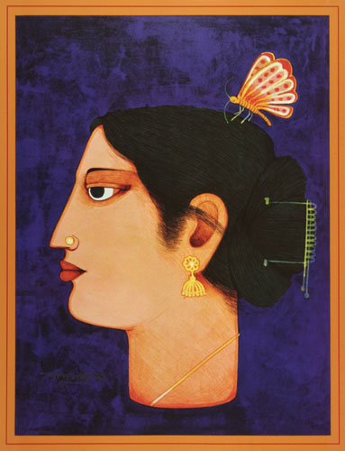 Portrait in serigraph by modern Indian Artist Lalu Prasad Shaw