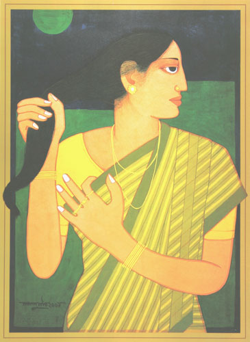 Serigraph of a woman in narrative style by modern Indian Artist Lalu Prasad Shaw