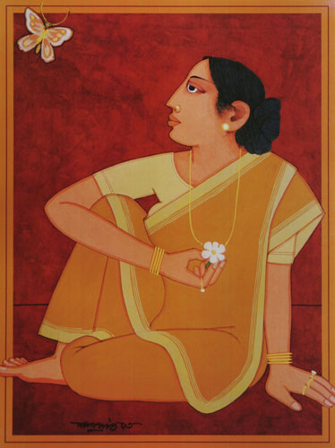Serigraph of a woman in figurative style by modern Indian Artist Lalu Prasad Shaw