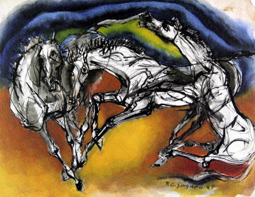 Numbered edition prints of figurative horses by modern Indian Artist Piraji Sagara.