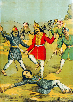 Multiple Prints of narrative mythology by Indian Artist Ravi Varma Press.